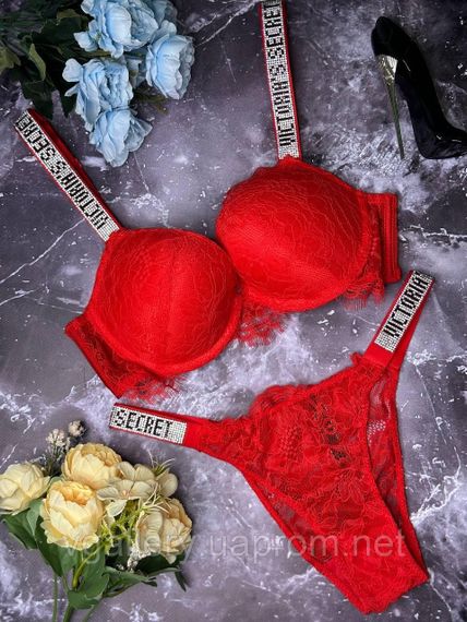 Кружевной комплект Виктория Сикрет со стразами Бюстгальтер на поролоне, Кружевной Комплект Victoria's Secret 85C, Красный