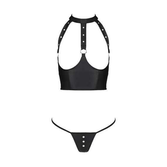 Комплект білизни з відкритими грудьми Passion GENEVIA SET WITH OPEN BRA S/M black, корсет, стрінги | Зображення 2