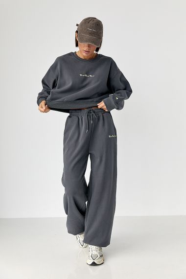 Спортивний костюм із плюшевим начісом з коротким світшотом та штанами палаццо - темно-сірий цвет, M/L (є розміри)