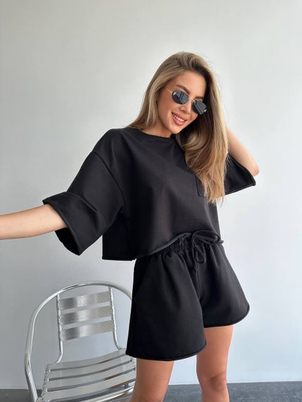 Женский летний костюм шорты и футболка оверсайз LU201 цвет черный, размер onesize S-XL | Зображення 2