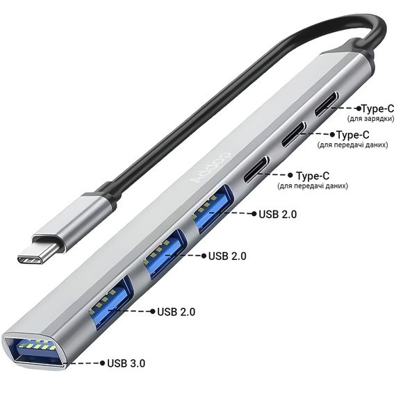 USB Type-C хаб, концентратор/разветвитель для ноутбука Addap UH-04CS, на 7 портов: 3×USB 2.0, 1×USB 3.0, 3×Type-C, Gray | Зображення 2