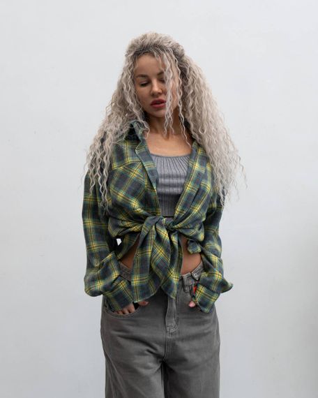 Женская фланелевая рубашка в клетку на пуговицах свободная, MN0003  цвет оливковый, размер S/M | Зображення 2