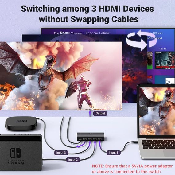 Комутатор Switch Ugreen HDMI 2.2 Switch 3 in 1 4K@60 Гц HDMI-розгалужувач 3 в 1 вихід з пультом Black (CM598) | Зображення 1
