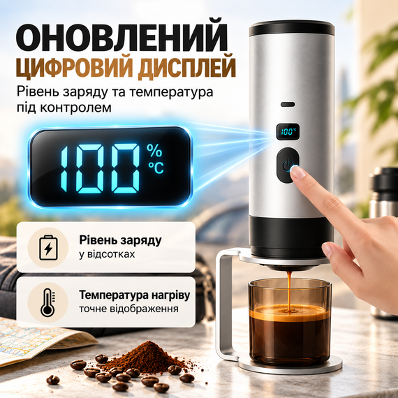 Портативна кавомашина акумуляторна для еспресо з підігрівом води 15 бар 7800 мАг USB Type-C з дисплеєм срібляста | Зображення 1