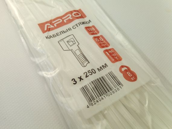 Хомут пластиковий APRO 250х3 (100 шт. у уп.) білий, 1 ПАКОВКА (CT-W3250) | Зображення 1
