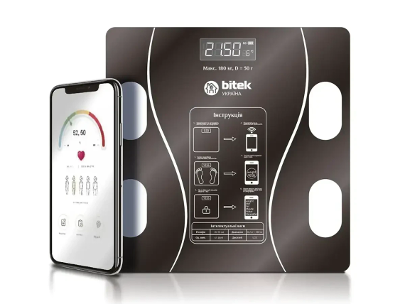 Ваги електронні побутові підлогові 180 кг скляні квадратні LED-екран App BITEK BT-1605 | Зображення 1