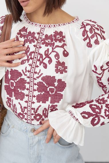 Женская вышиванка с цветочной вышивкой крестиком - молочный цвет, M (есть размеры) | Зображення 3
