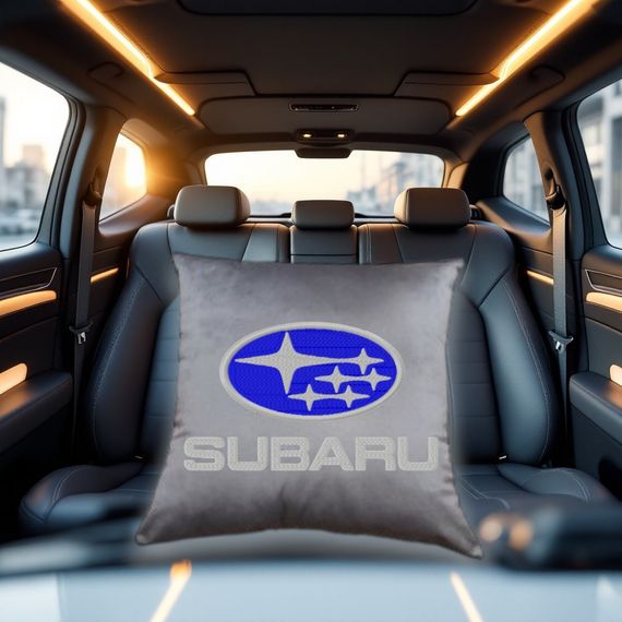Авто Подушка c вышивкой логотипа марки субару subaru серый автомобилисту 02223