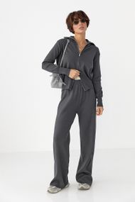 Трикотажний костюм із коротким кардиганом на блискавці та широкими штанами - темно-сірий цвет, ONE SIZE (є розміри)