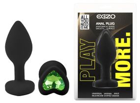 Анальна пробка EGZO Silicone Black Heart Plug S, чорна силіконова з зеленим кристалом Sex Aura