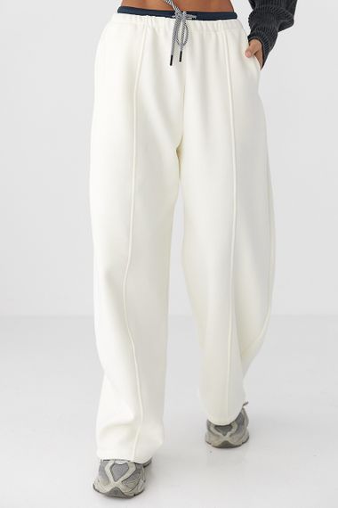 Теплі спортивні штани палаццо з подвійним поясом - молочний цвет, M (є розміри)