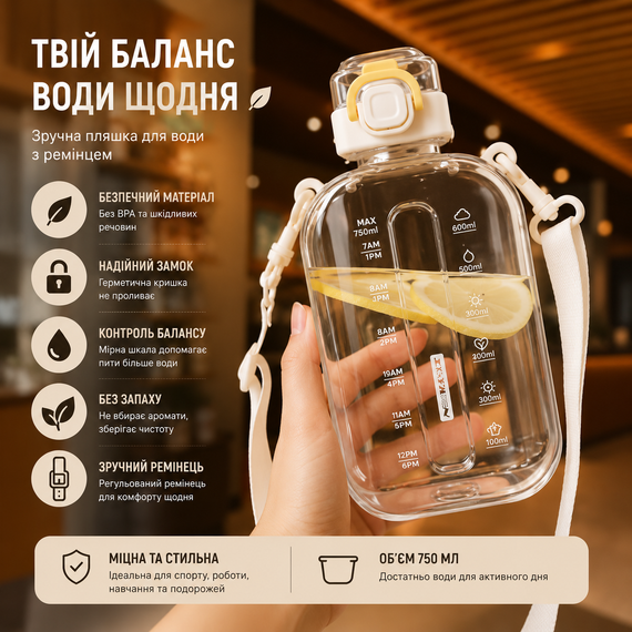 Бутылка для воды 750 мл бежевая, BPA-free с ремешком и мерной шкалой | Зображення 6