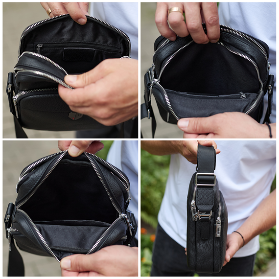 Чоловіча шкіряна сумка-барсетка 24х20х8, компактна сумочка на плече для чоловіка, наплічний месенджер, чорна | Зображення 6
