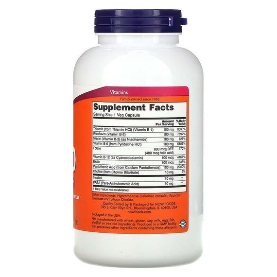 Комплекс В-100, B-Vitamins, Now Foods, 250 вегетаріанських капсул | Зображення 2