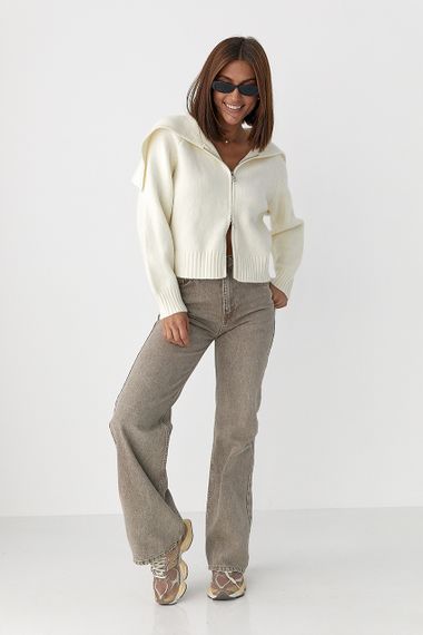 В'язаний укорочений жіночий кардиган на блискавці - молочний цвет, ONE SIZE (є розміри) | Зображення 2