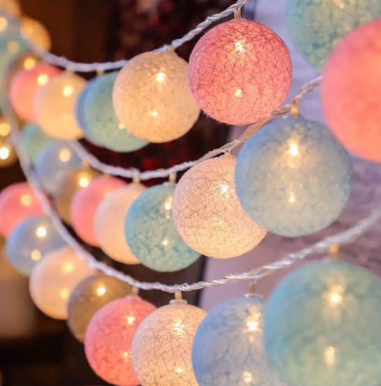 Гірлянда Cotton Balls "Бавовняні кульки" 10 куль    Мікс  кольори ( рожевий,білий,фіолетовий ,бірюза,блакитний,жовтий )