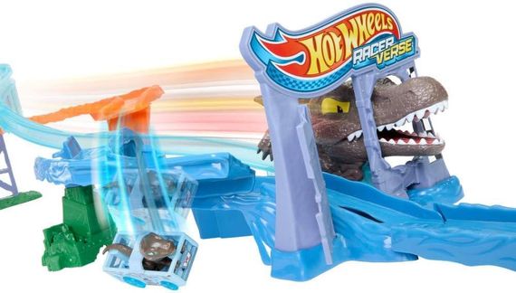 Трек Столкновение и Всплеск с Велоцираптором и Спинозавром Hot Wheels RacerVerse Jurassic World Crash & Splash | Зображення 5
