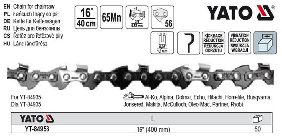 Ланцюг YATO Польша l= 16"/ 40 см (56 ланок) для ланцюгових пил з направляючою шиною YT-84935 YT-84953 | Зображення 1