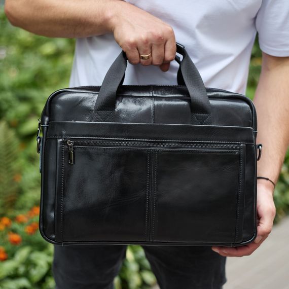 Кожаная мужская сумка-портфель 38х28х8, сумочка для работы и ежедневных дел, мужской шопер, черная | Зображення 2