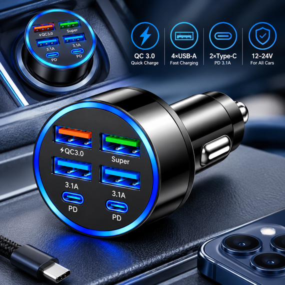 Автомобільний зарядний пристрій 6-в-1 PowerHub 100Вт (4USB + 2PD) | Зображення 5
