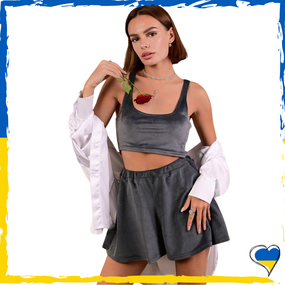 Піжама жіноча велюрова. Піжама шорти та топ. Сіра S/M