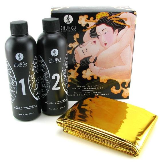 Гель для NURU-массажа Shunga Oriental Body-to-Body – Melon Mango (2 x 225 мл) плюс простыня Sex Aura