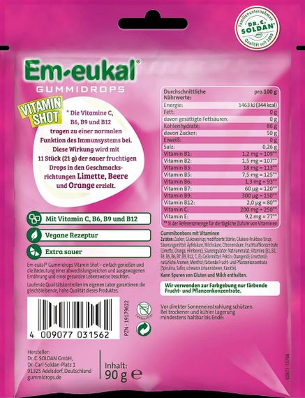 Em-eukal Gummidrops Vitamin Shot Sauer – Жувальні льодяники для імунітету з вітамінами, Німеччина | Зображення 1