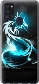 Чехол на Samsung Galaxy A21s A217F Бело-голубой огненный дракон из пластика FCh_088945