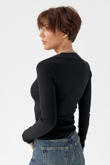 Приталена кофта-поло в рубчик - чорний цвет, S (є розміри) | Зображення 1