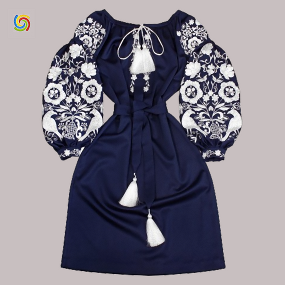 Платье Украинская вышиванка  31569 цвет тёмно-синий размер L/XL
