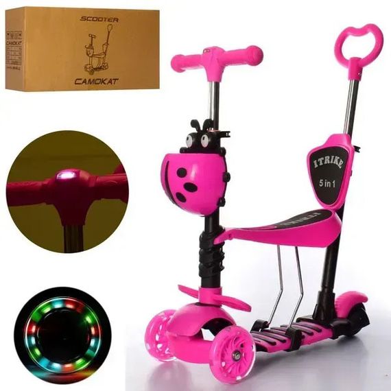 Самокат триколісний з сидінням та батьківською ручкою Сонечко 5 в 1 Pink OW-26 | Зображення 3