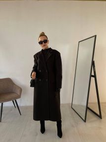 Женское стильное длинное пальто прямого кроя из кашемира с утеплителем цвет черный M-L
