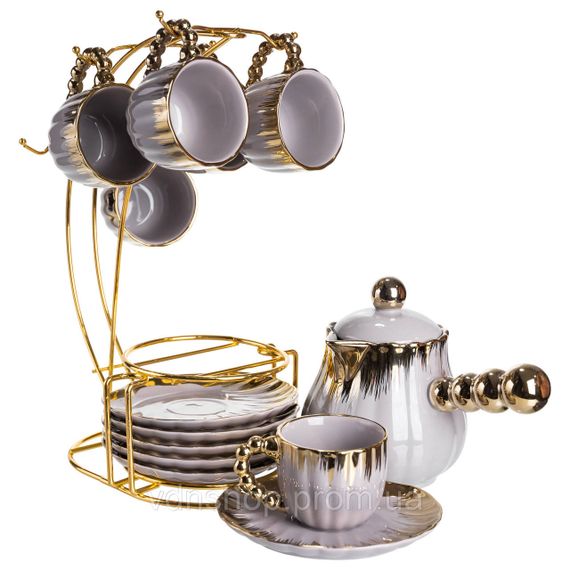 Кофейный сервиз на подставке с кофейником 450 (мл) 6 чашек по 90 (мл) подарочный набор чашек на подставке Серый с золотом FM-JJ-4 | Зображення 3