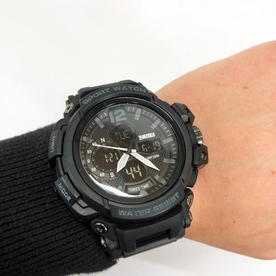 Годинник наручний чоловічий SKMEI 1343BK BLACK, годинник тактичний протиударний. Колір: чорний | Зображення 1
