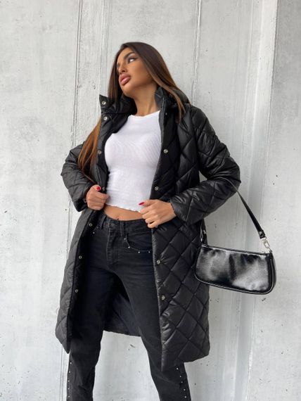 Женская длинная теплая куртка-пальто стеганая силикон 200, NA1044/1 цвет черный, размер 38/40 | Зображення 3