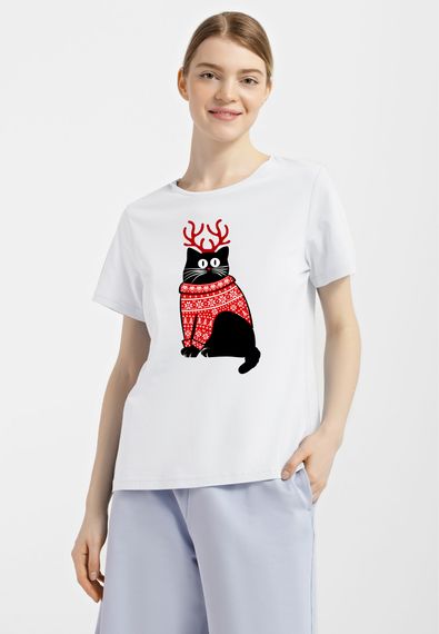 Футболка жіноча біла з принтом "Кіт у светрі", S
