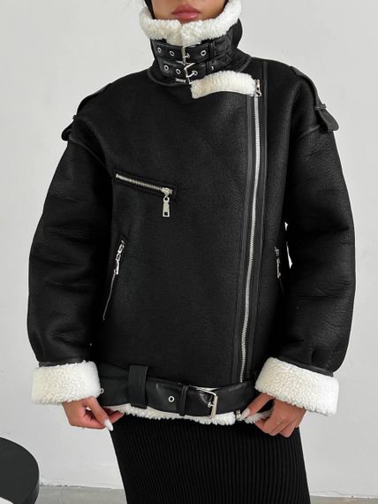 Дубленка женская OVERSIZE с белым мехом, цвет черный S-M | Зображення 1