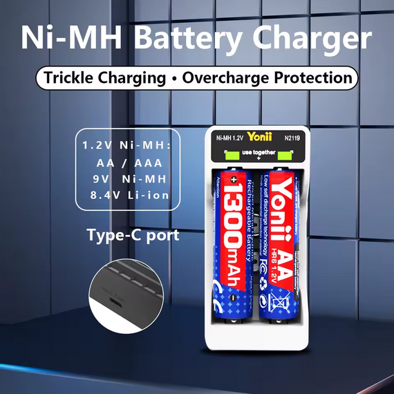 Зарядний пристрій для акумуляторів AA, AAA, 9 V, Ni-MH, 8.4 V Li-ion, 2 слоти Type-C | Зображення 2