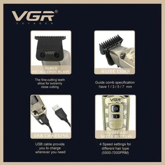 Машинка для стрижки VGR V-901 • Триммер для волос с дисплеем и 4 насадками 1600 мАч | Зображення 3