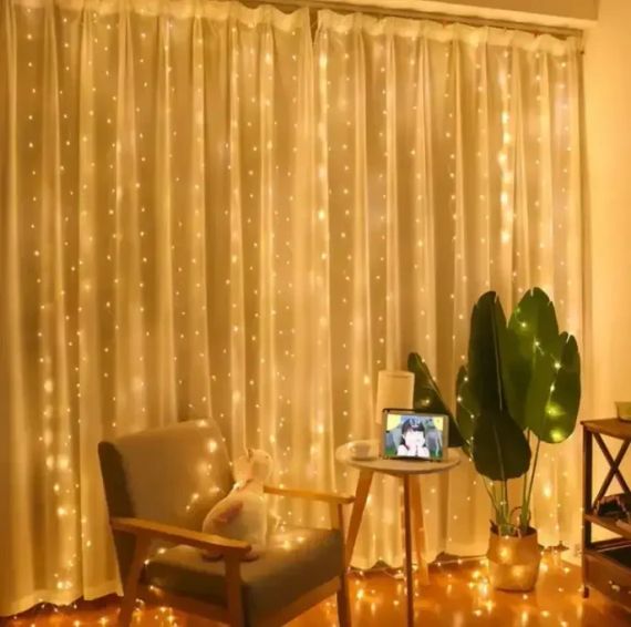 Светодиодная гирлянда штора роса на проволоке 3х2 м 200 LED пульт + USB теплый белый