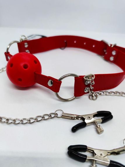 Кляп DS Fetish Ball gag with nipple clamps red sexstyle | Зображення 3