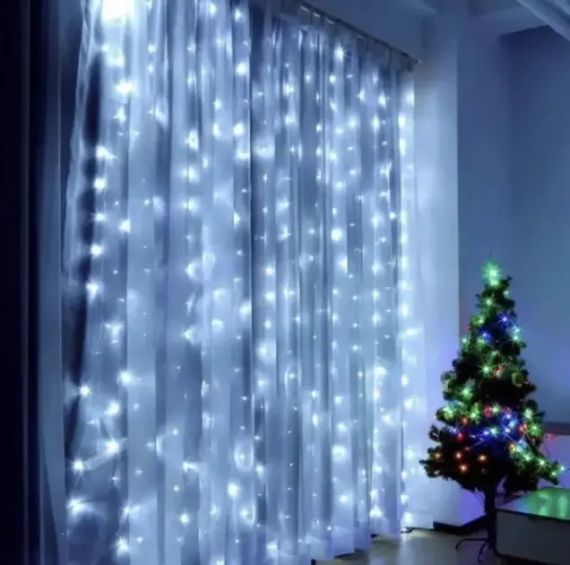Светодиодная гирлянда штора роса на проволоке 3х2 м 200 LED пульт + USB холодный белый | Зображення 1