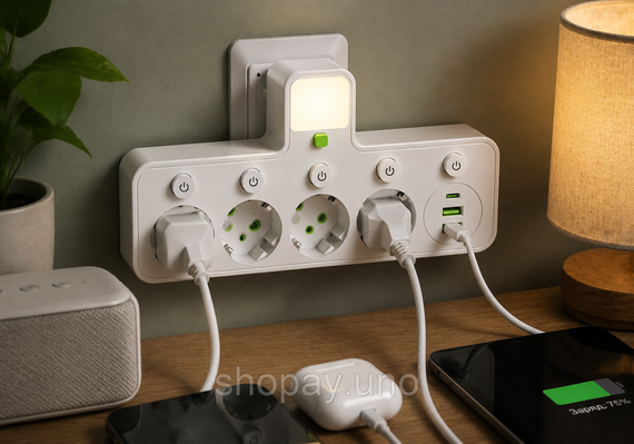 Мережевий фільтр 4 розетки + USB / адаптер на 4 розетки + USB з індивідуальними кнопками та LED-підсвічуванням Білий | Зображення 2