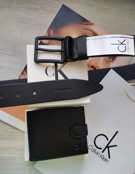 Стильний шкіряний набір Calvin Klein black, сумка месенджер гаманець та ремінь | Зображення 3