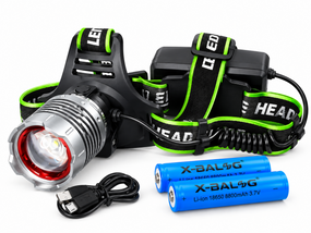 Мощный яркий аккумуляторный фонарь налобный X-balog BL-A17-P50 Zoom 2х18650 XHP50 Micro Usb Черный
