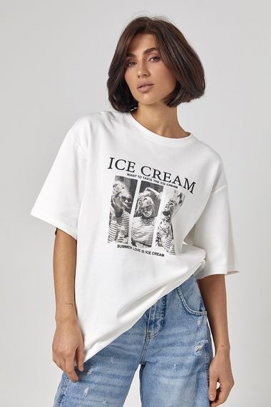 Бавовняна футболка вільного крою з написом Ice Cream - молочний цвет, ONE SIZE (є розміри) | Зображення 4