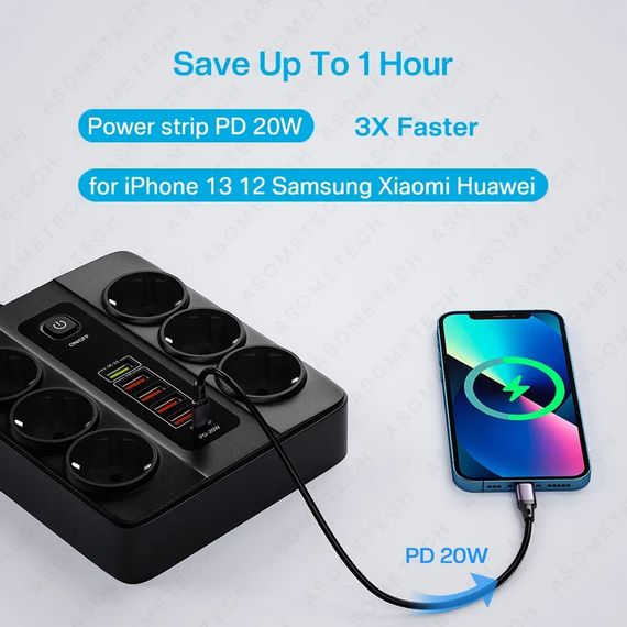 Мережевий подовжувач на 6 розеток + USB до 3000 в Атт | Зображення 4
