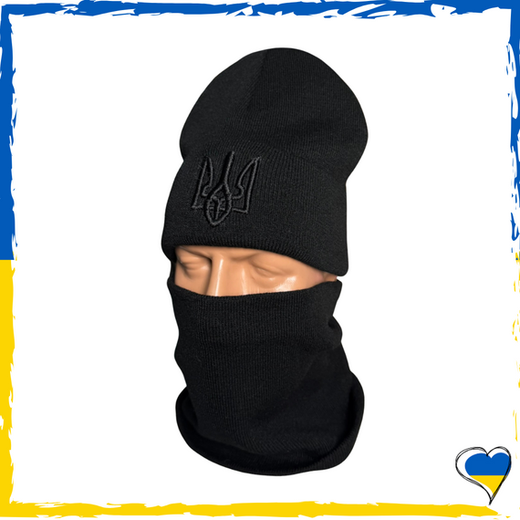 Комплект черный  с гербом шапка и бафф на флисе унисекс. Набор теплый. Мужской, женский, подростковый, детский