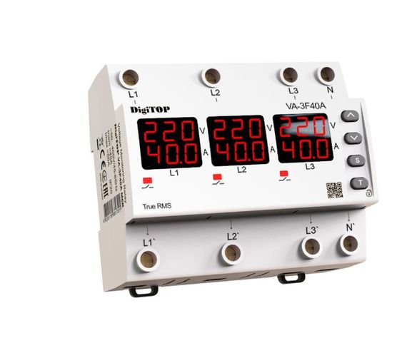 Реле напруги та струму дворежимне одно/трифазне VA-3F40A M6R на DIN-рейку, 3*40А, 3*8500Вт, 120-270В, шестимодульне з індикатором