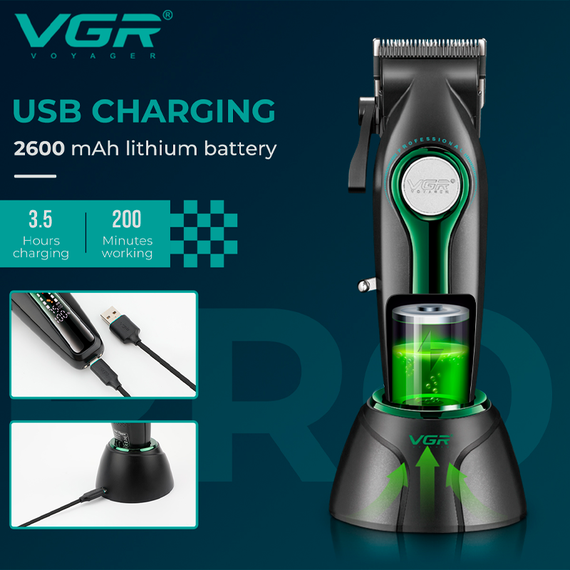 Аккумуляторная машинка для стрижки VGR V-010 GREEN, 6 насадок, 7500 RPM, 2500 mAh, LED дисплей | Зображення 9